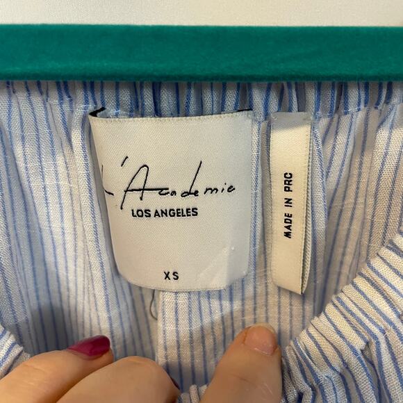 L'Academie Blue Stripe Bell Sleeve Off Shoulder Front Cut Out Tie Dress XS - Picture 2 of 6